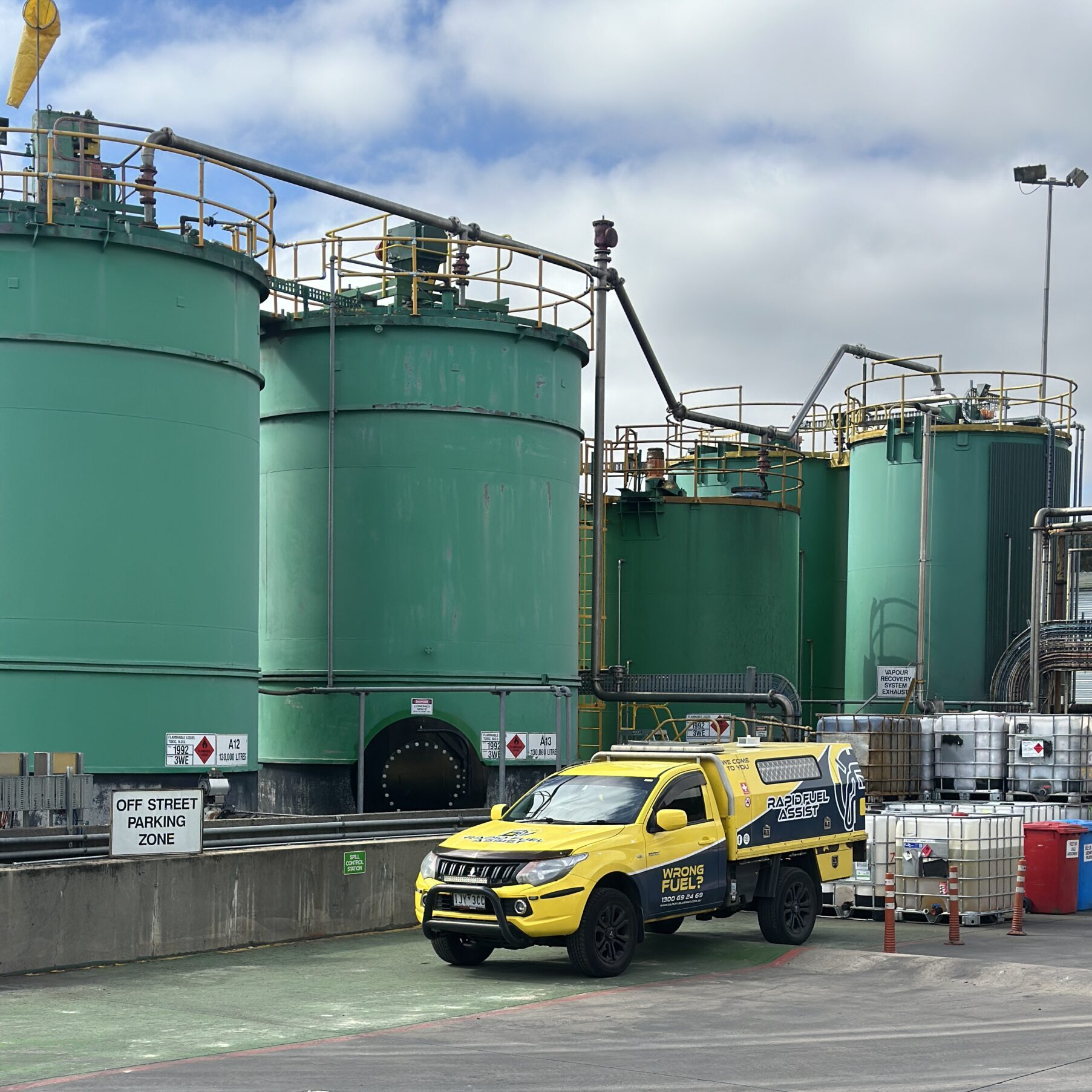 Rapid Fuel Assist truck at EPA Victoria licensed fuel waste disposal facility — fully permitted wrong fuel rescue Melbourne