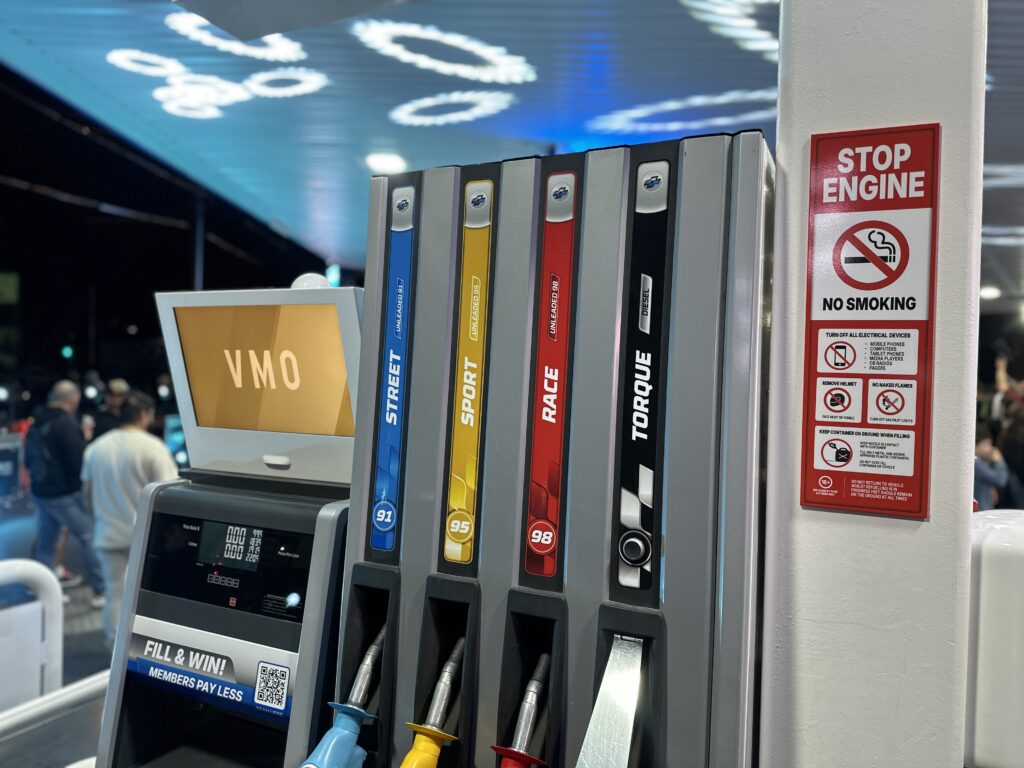 LMCT+ Petrol Preston pump labels showing Street, Sport, Race and Torque instead of standard Unleaded 91, 95, 98 and Diesel