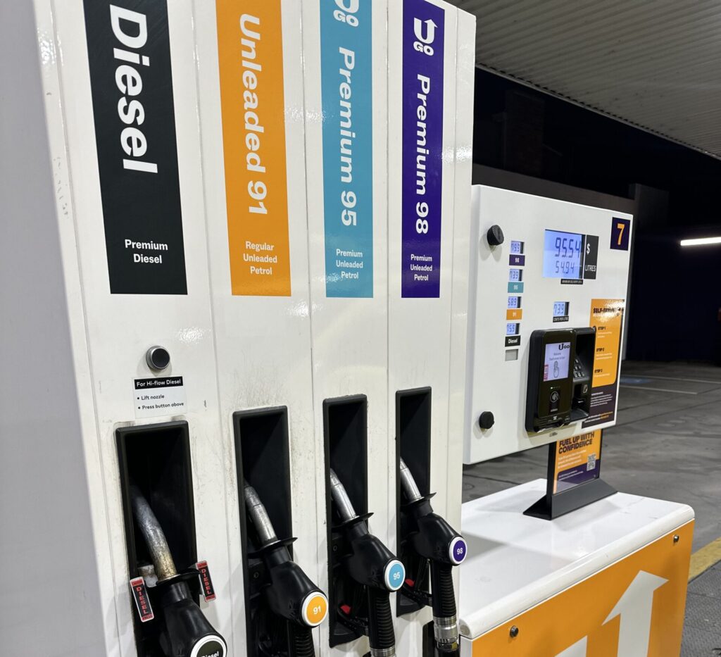 UGO self-serve petrol station fuel pump nozzles showing multiple grades including unleaded, premium and diesel — Australian fuel label guide by Rapid Fuel Assist Melbourne