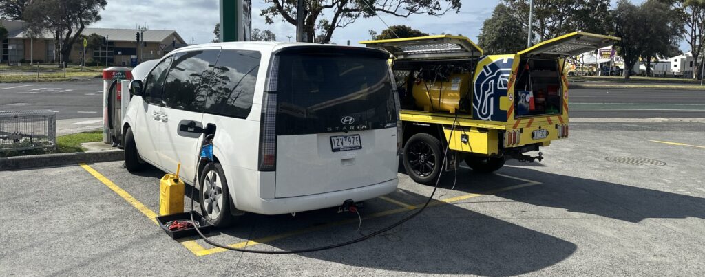 Wrong fuel in a rental car Australia — Rapid Fuel Assist attending Hyundai Staria wrong fuel rescue at Melbourne service station