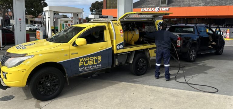 Rapid Fuel Assist technician draining a Ford Ranger after wrong fuel at a Seabrook servo, western Melbourne