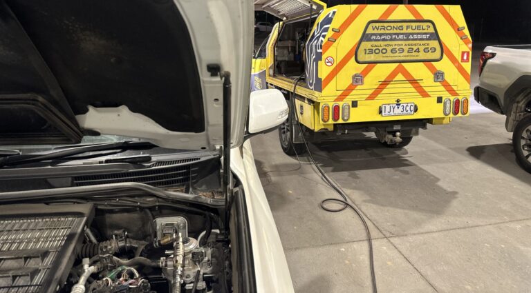 Wrong fuel rescue on a Toyota LandCruiser with petrol in the diesel tank in Wandin North, eastern Melbourne