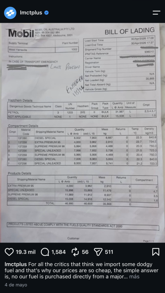 Mobil Oil Australia bill of lading shared publicly by LMCT Plus showing fuel supply details from the Mobil Yarraville terminal