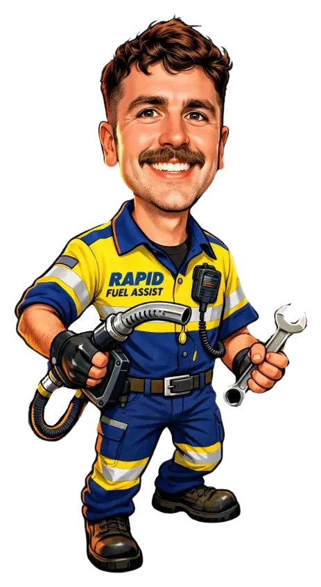 Rapid Fuel Assist cartoon wrong fuel technician holding a fuel nozzle and spanner